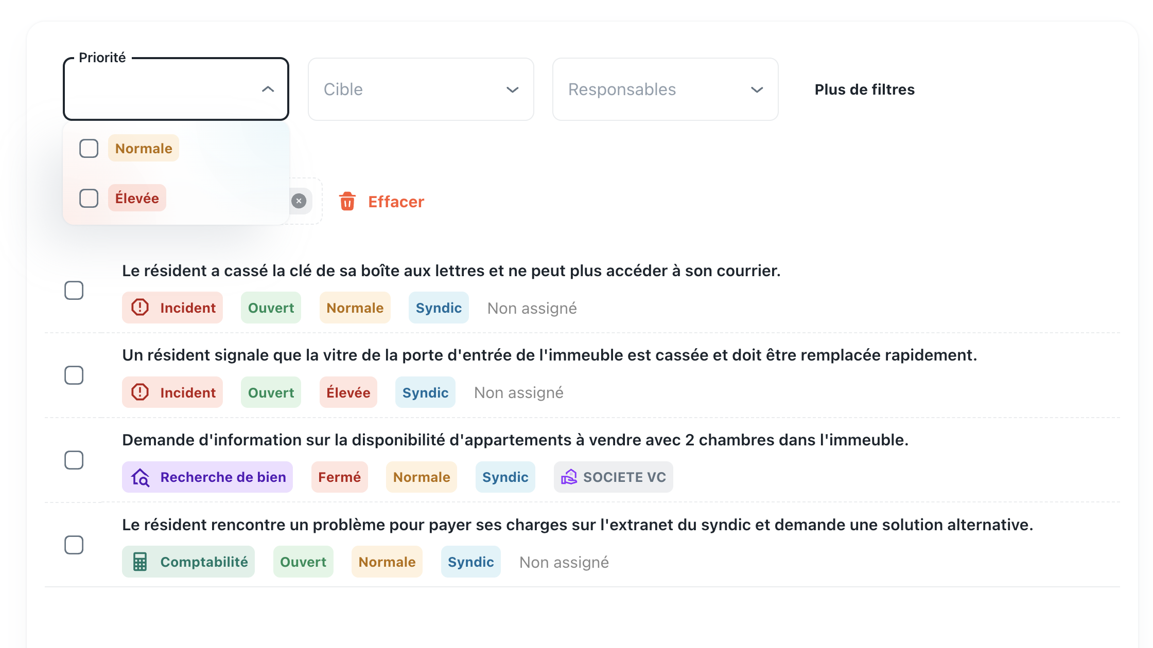 Interface de gestion des demandes